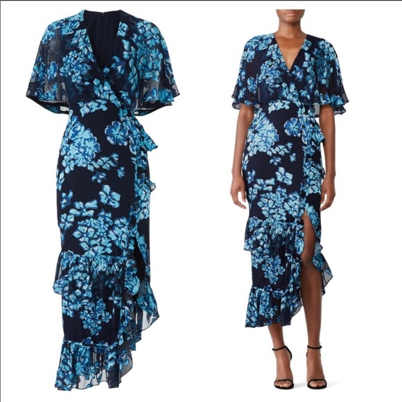 SALONI Dresses & Skirts - Saloni Blue Rose Ruffle Silk Midi Dress 6